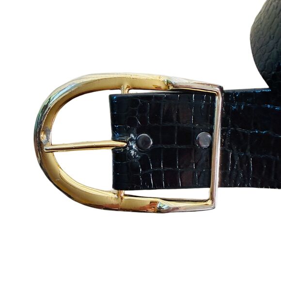VTG Alexis Kirk Black Leather Belt Alligator Crocodile Embossed Shiny Big Buckle